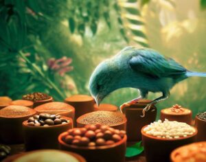 bird choosing coffee bean in jungle