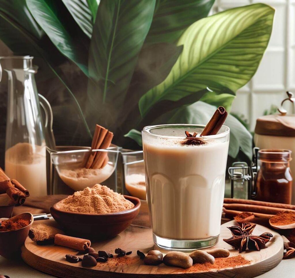 chai latte preparation with all ingredients